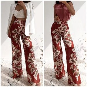 Zara Red & Cream Floral High-Waist Wide-Leg Pants